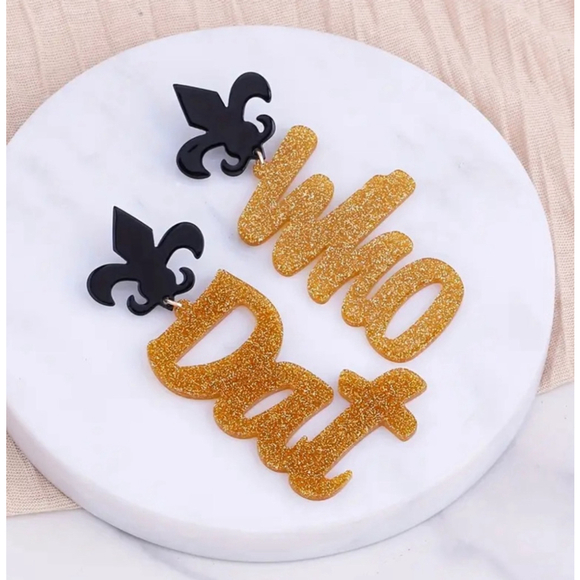 Fleur De Lis Stud Back Earrings with Gold Glitter WHO DAT Dangles - Picture 1 of 6